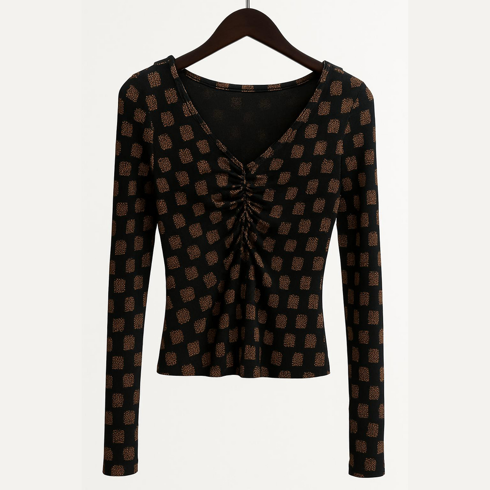Free People Black and Brown Geometric Blouse